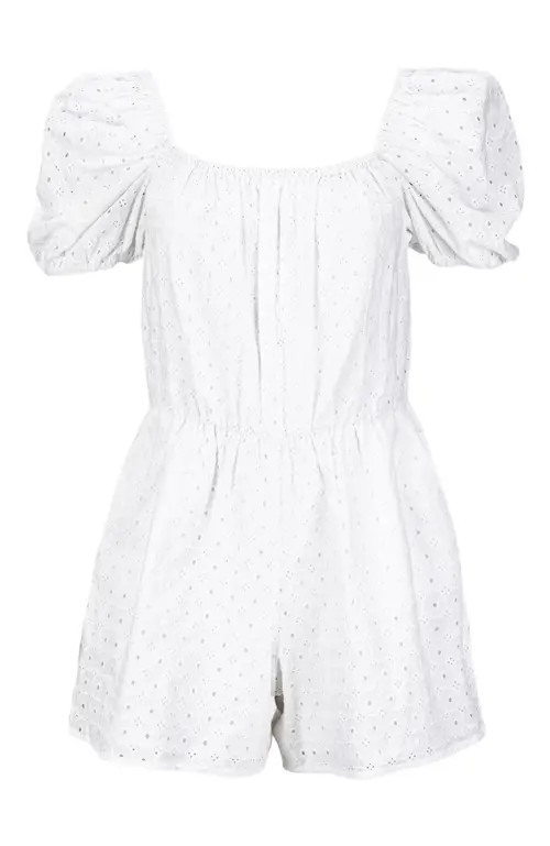 Hope & Henry Women's Organic Puff Sleeve Eyelet Romper in White Circle Grid Eyelet at Nordstrom, Size 2 | Nordstrom