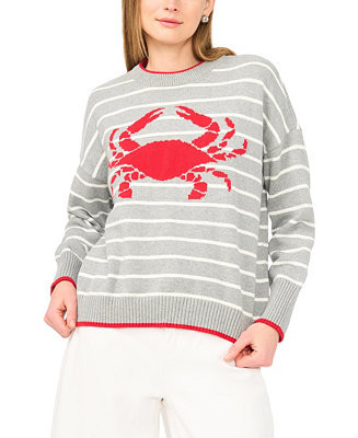 Vince CamutoWomen's Striped Crab Motif Crewneck Sweater | Macy's