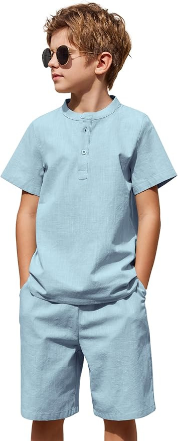 Arshiner Boy 2 Piece Cotton Linen Set Henley Shirts and Shorts Outfits Summer Casual Beachwear Li... | Amazon (US)