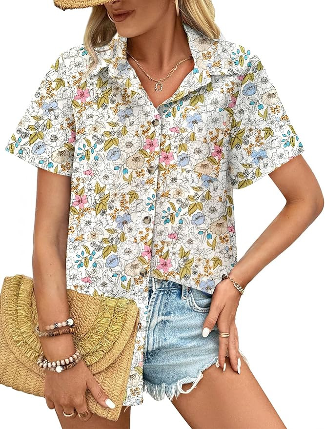 HOTOUCH Cotton Linen Button Down Shirt for Women V Neck Collared Blouse Casual Short Sleeve Tops ... | Amazon (US)