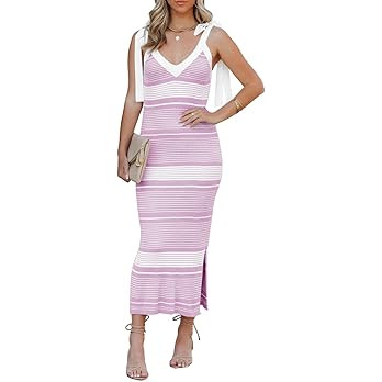Saodimallsu Womens Summer Midi Bodycon Sweater Dress Sexy V Neck Tie Shoulder Striped Knit Side S... | Amazon (US)