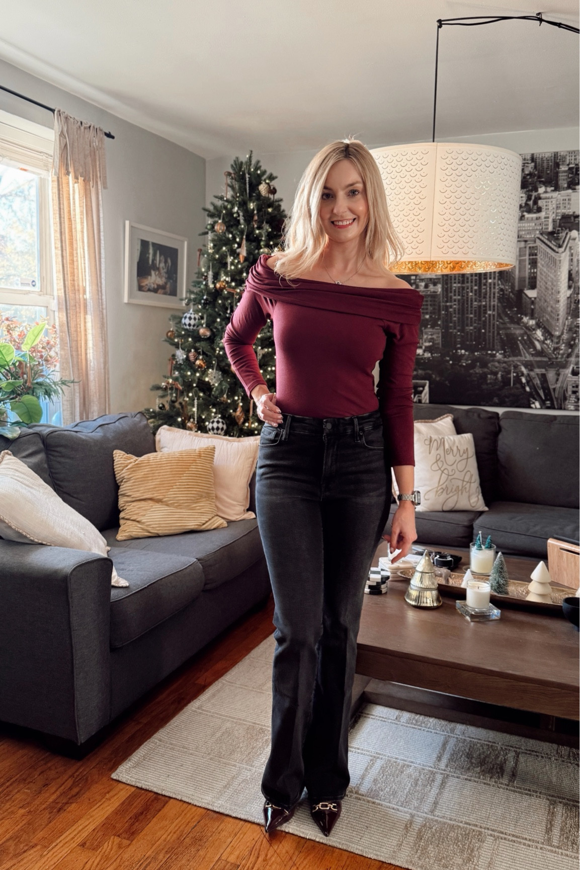 Burgundy is definitely a color of this holiday season! My find from @NordstromRack,  off the shoulder top is below $20! I matched that with classic high waist bootcut jeans in black color! 

#NordstromRackPartner #RackScore

Holiday outfit, transitional outfit, Christmas outfit, office wear 

#LTKCyberWeek #LTKSeasonal #LTKHoliday