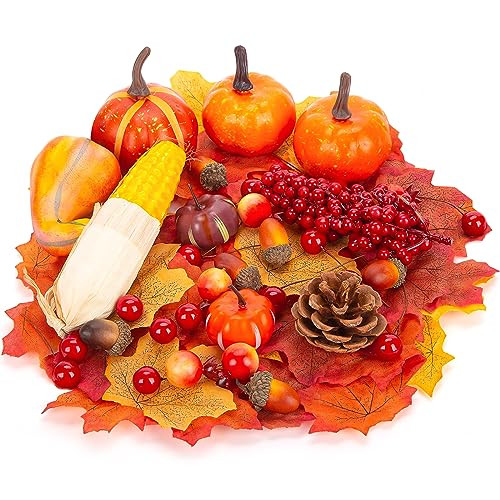 FUTUREPLUSX Artificial Pumpkins for Autumn Decorations, 125 PCS Fall Decor- 22 PCS Harvest Fruits with 90 PCS Fake Maple Leaves Acorns and Pinecones for Thanksgiving Halloween Table Decorations | Amazon (US)
