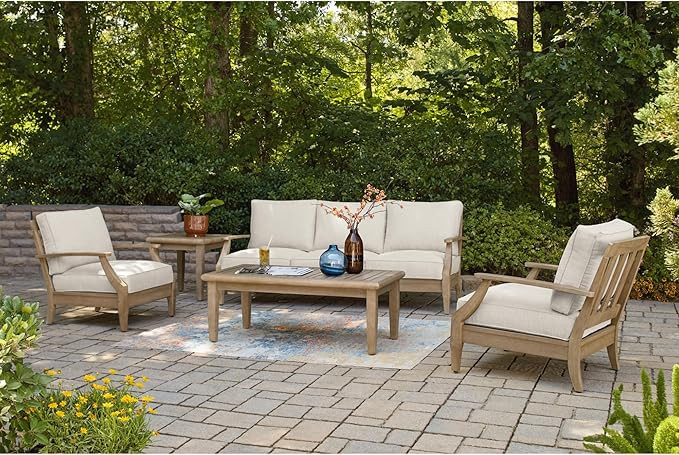 Signature Design by Ashley Clare View Coastal Outdoor Patio Eucalyptus Sofa with Cushions, Beige | Amazon (US)