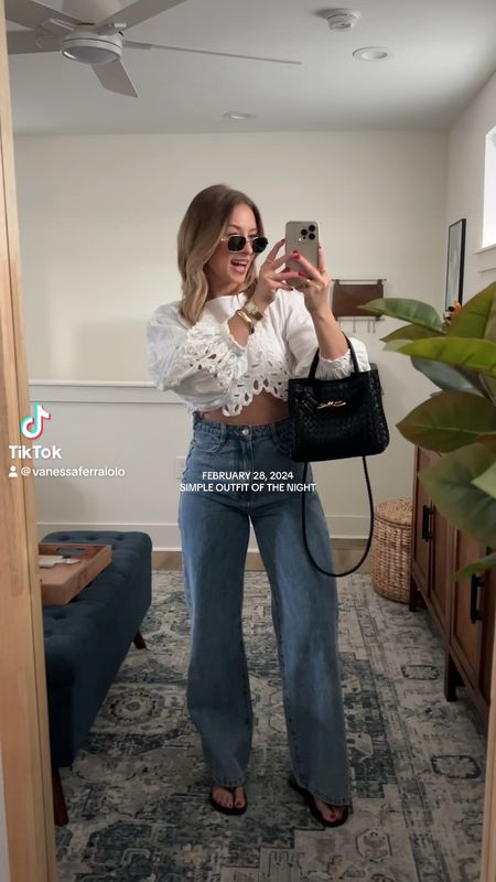 Evening outfit 🫶🏼 blouse top, flowy blouse, wide leg jeans, flattering jeans, summer outfit inspo, spring outfits, spring fashion trends 2024, spring outfits 2024, dinner outfits 2024, spring dinner outfit 2024

