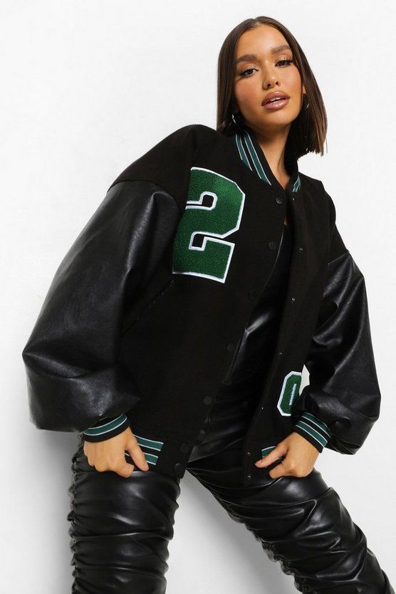 Pu Sleeve Oversized Varsity Jacket | Boohoo.com (US & CA)