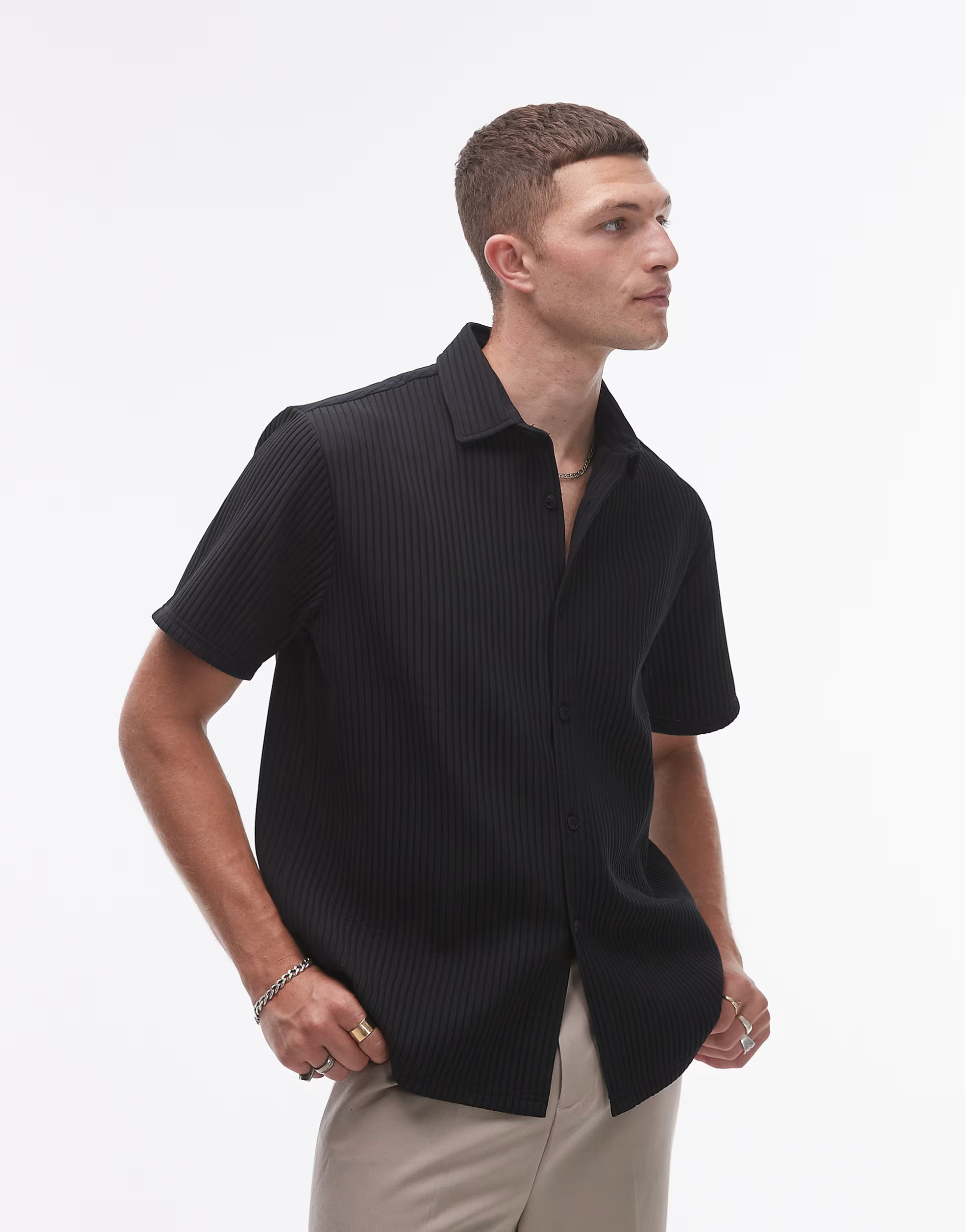 Topman short sleeve button through plisse shirt in black | ASOS | ASOS (Global)