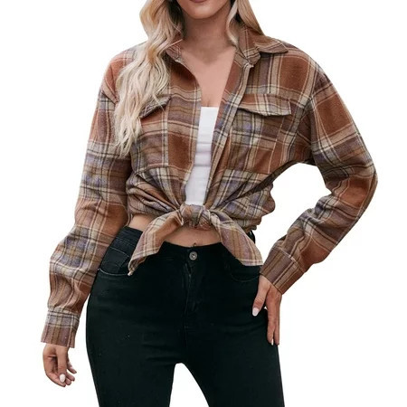 njshnmn Flannel Shirts for Women Plaid Jacket Women s Loose Fit Batwing Sleeve Button Down Shirt Shacket Tops XXL | Walmart (US)