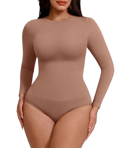 FeelinGirl Shapewear Bodysuit Women's Mock Neck Bodysuits Body Shaper Tops Plus Size Thick Body suit Mocha Brown X-Small-Small | Amazon (US)