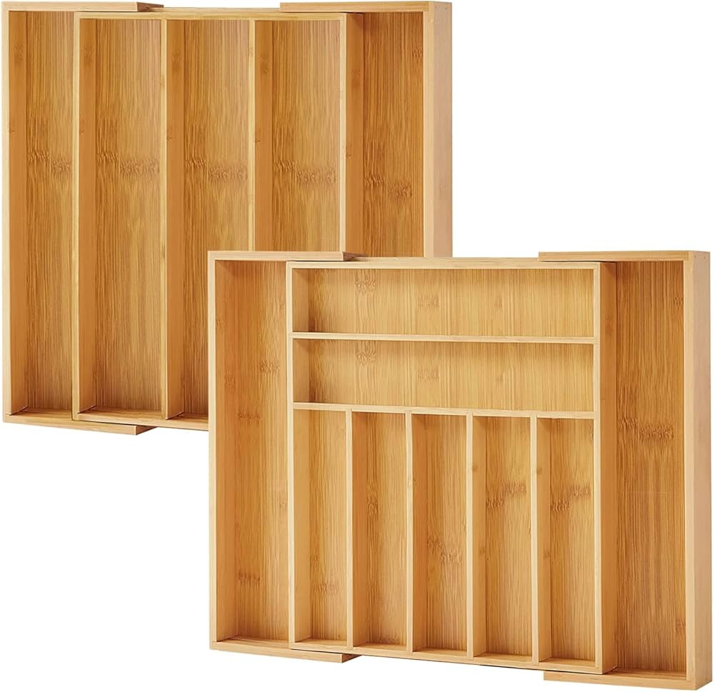 Purawood 2 PACK - Premium Bamboo Silverware Organizer - Expandable Kitchen Drawer Organizer and U... | Amazon (US)