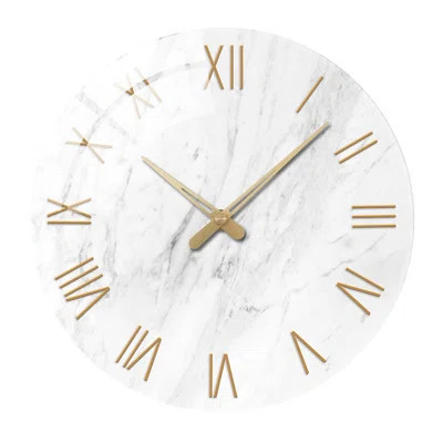 White Marble Large Clocks For Living Room Round Glass Wall Clock Battery Operated 16 Inch Silent Wall Clock Non Ticking | Wayfair North America