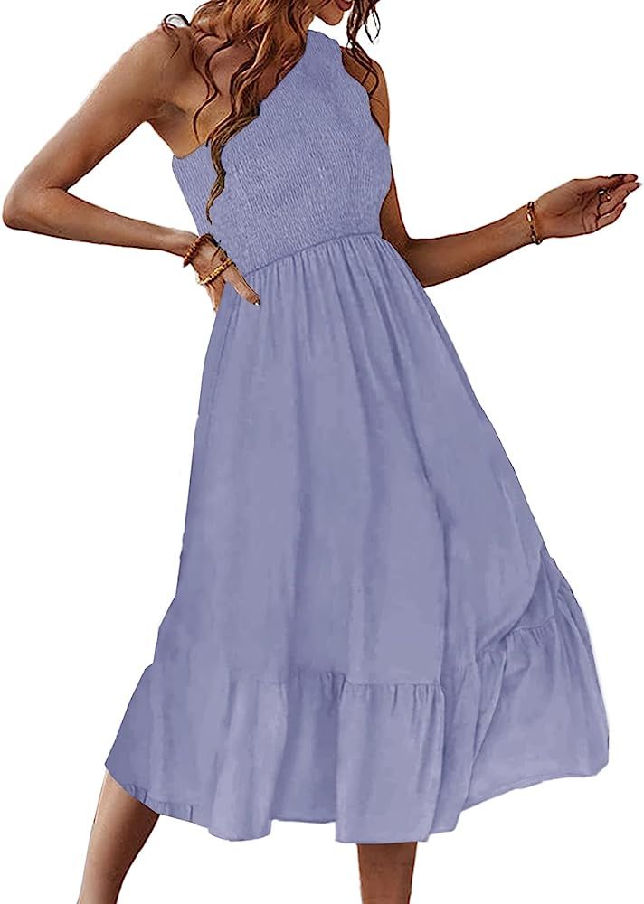 Women One Shoulder Sleeveless Casual Summer Dresses Smocked High Waist Floral Print Boho Pleated ... | Amazon (US)