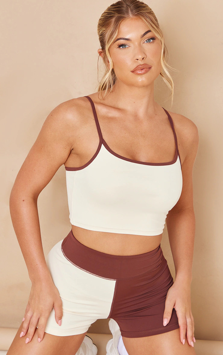 Brown And Cream Color Block Sculpt Luxe Long Line Sports Crop Top | PrettyLittleThing US