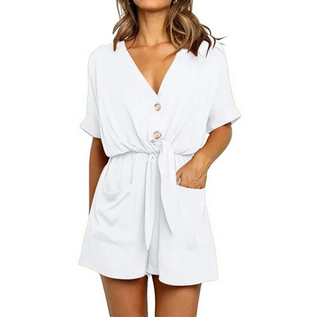 Women s Solid Color V-Neck Short Sleeve Button Tie Jumpsuit White XL Women s Fashion Solid Color Poc | Walmart (US)