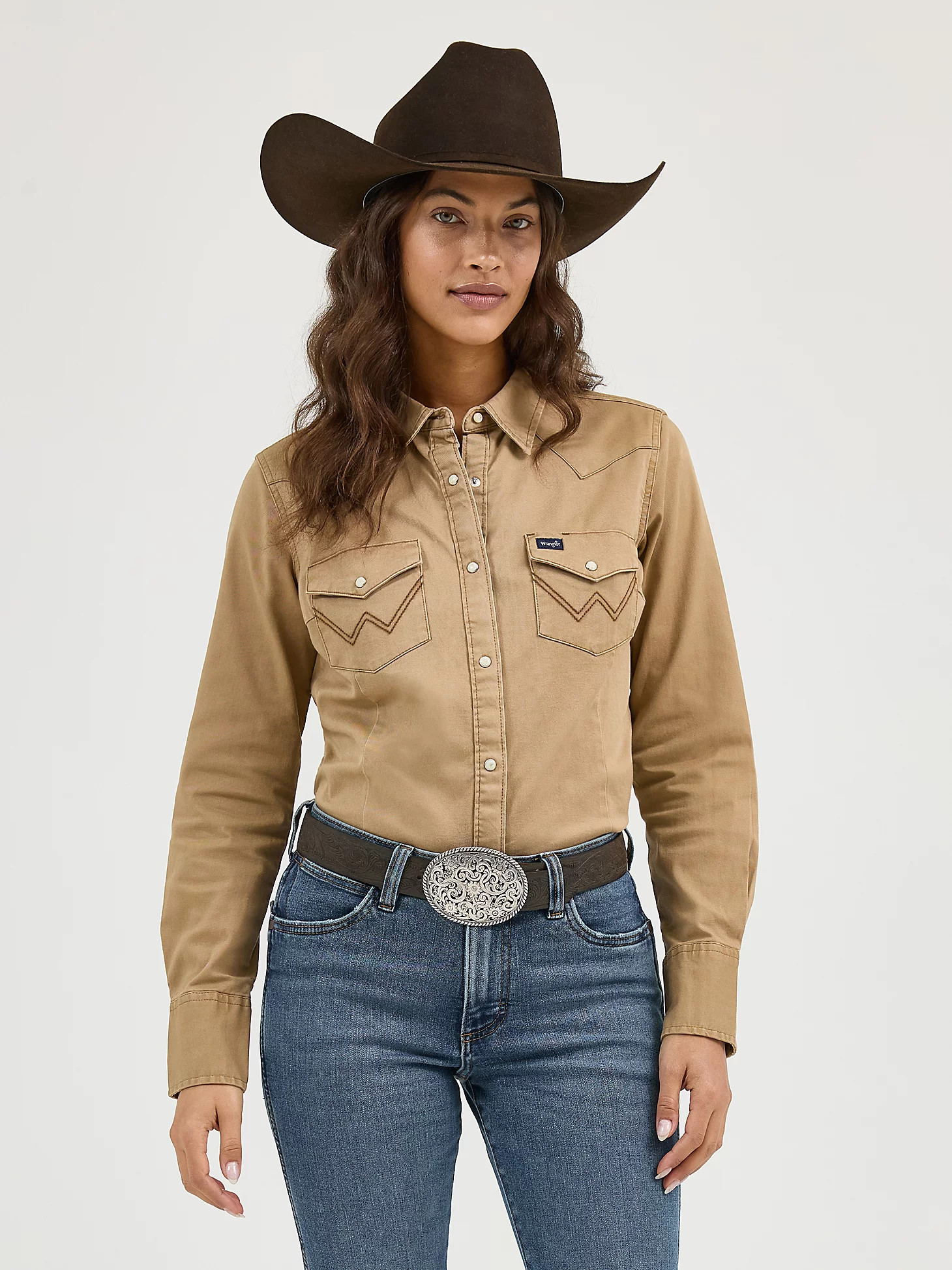 Women's Long Sleeve Western Snap with Front and Back Yokes Solid Top | Wrangler