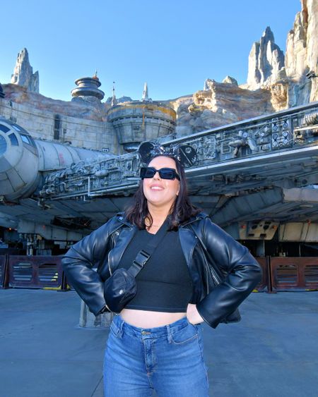 Star Wars Galaxy’s Edge outfit / Disneyland outfit / vacation outfit / travel outfit / straight leg jeans / vegan leather jacket / crop top / black sunglasses 

#LTKtravel #LTKstyletip #LTKmidsize