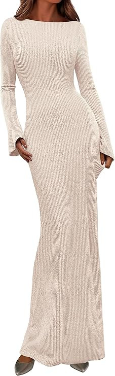 PRETTYGARDEN Women's Fall Fashion 2026 Long Sleeve Maxi Dress Ribbed Knit Boat Neck Bodycon Casua... | Amazon (US)