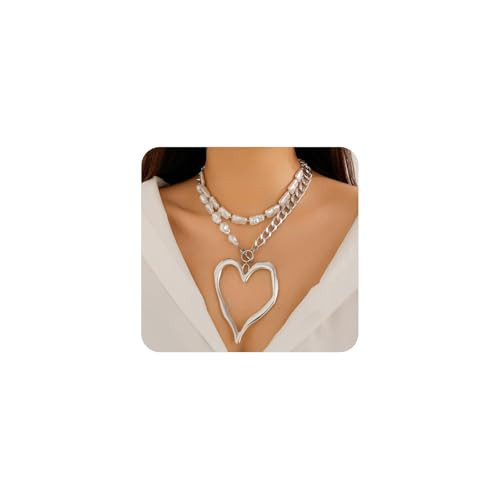 Chunky Gold Heart Statement Necklace for Women,Y2k Large Heart Pendant Layered Pearl Choker Necklace,Trendy Love Pearl Chain Jewelry(PearlSilver) | Amazon (US)