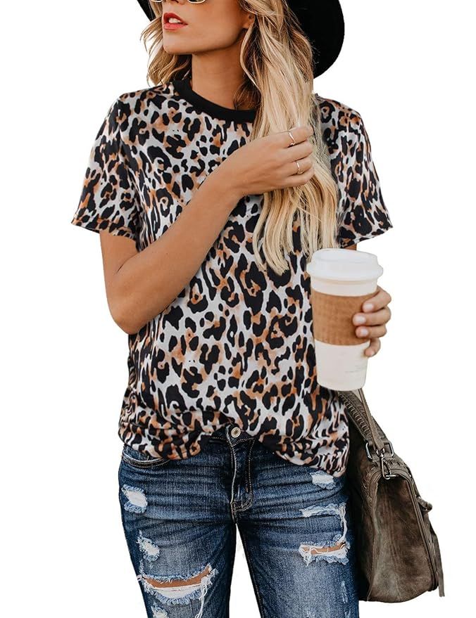 Youdiao Women’s Casual Leopard Print Tops Summer Cute Shirts Basic Short Sleeve Tees Blouse | Amazon (US)
