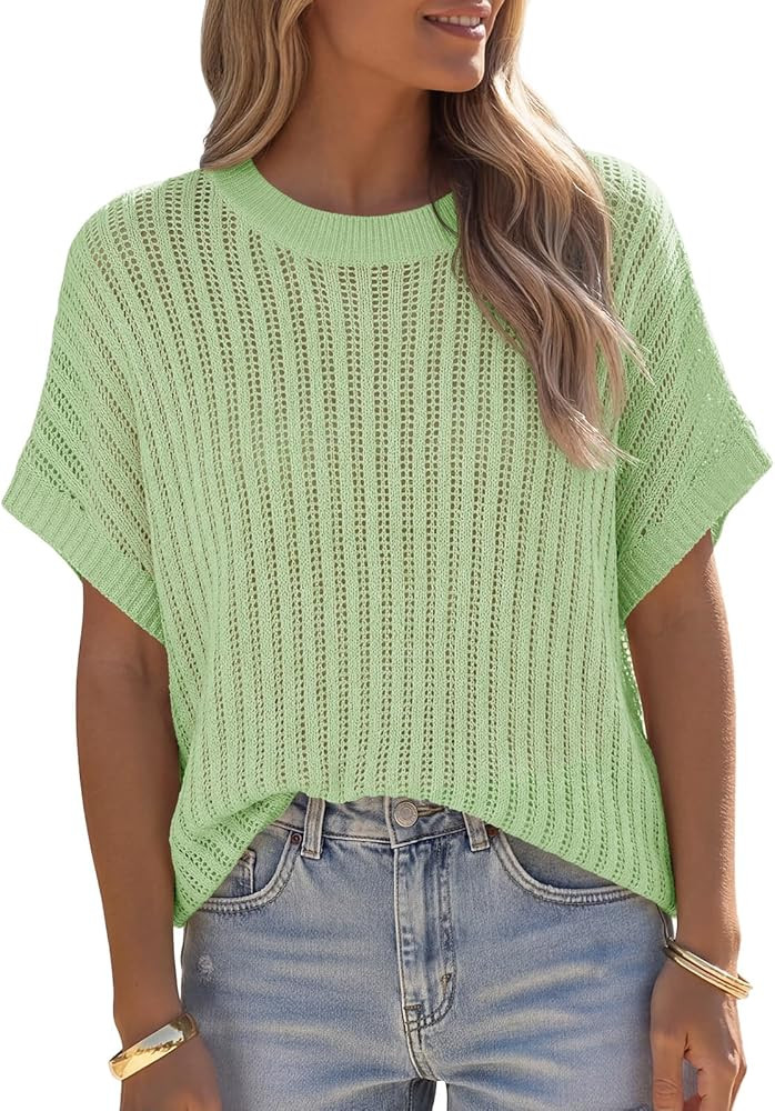 Womens Crochet Tops Batwing Short Sleeve Summer Crew Neck Lightweight Loose Knit Pullover Sweater... | Amazon (US)