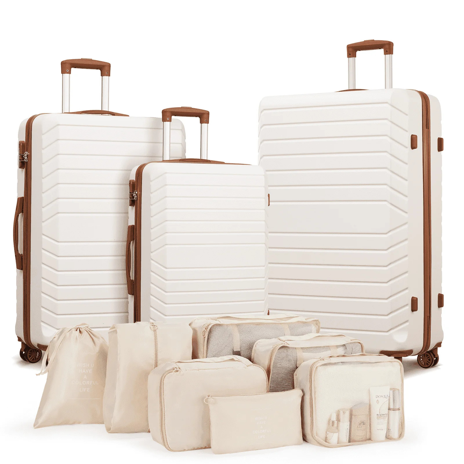 Gowill 3 Piece Luggage Sets 20/24/28 inch Travel Suitcase Set with 7PCS Organizer Bags, White Tan | Walmart (US)