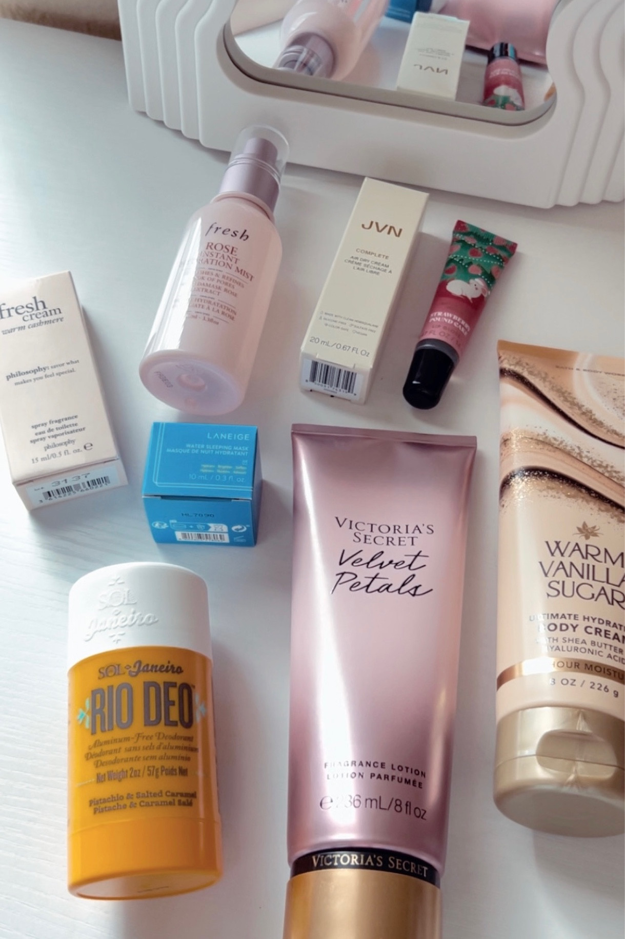 Recent beauty purchases! Bath and body works, fresh cream warm cashmere, lip gloss, JVN gift with purchase, laneige GWP, Rio Deo deodorant by sol de Janeiro (Love this one so much!), Victoria secret velvet petals, warm vanilla sugar, fresh beauty rose mist. 

#LTKstyletip #LTKGiftGuide #LTKbeauty