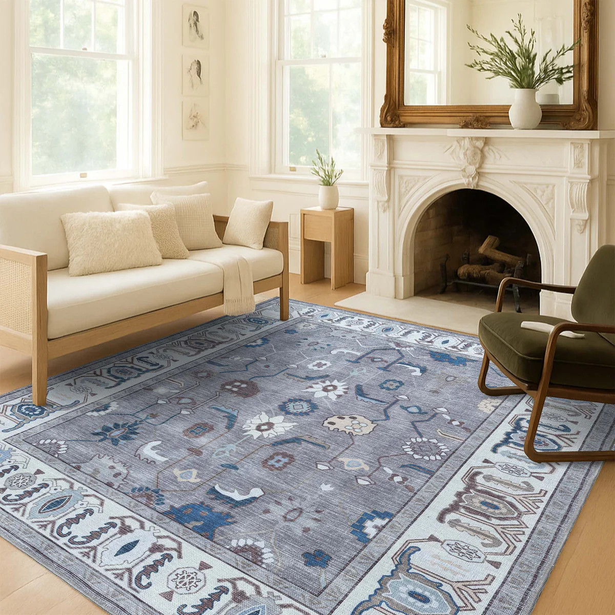 Naila Dark Gray Navy Blue Modern Oushak Rug | Fame Rugs