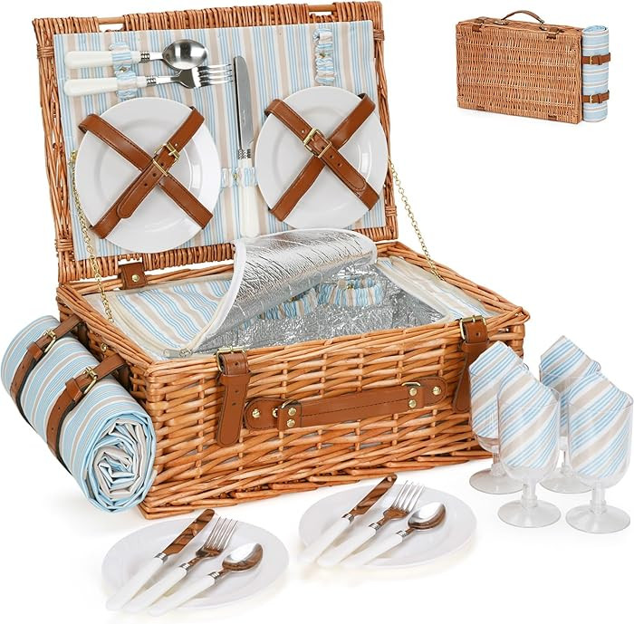 HappyPicnic Wicker Picnic Basket Set for 4 Persons | Large Willow Hamper with Large Insulated Coo... | Amazon (US)