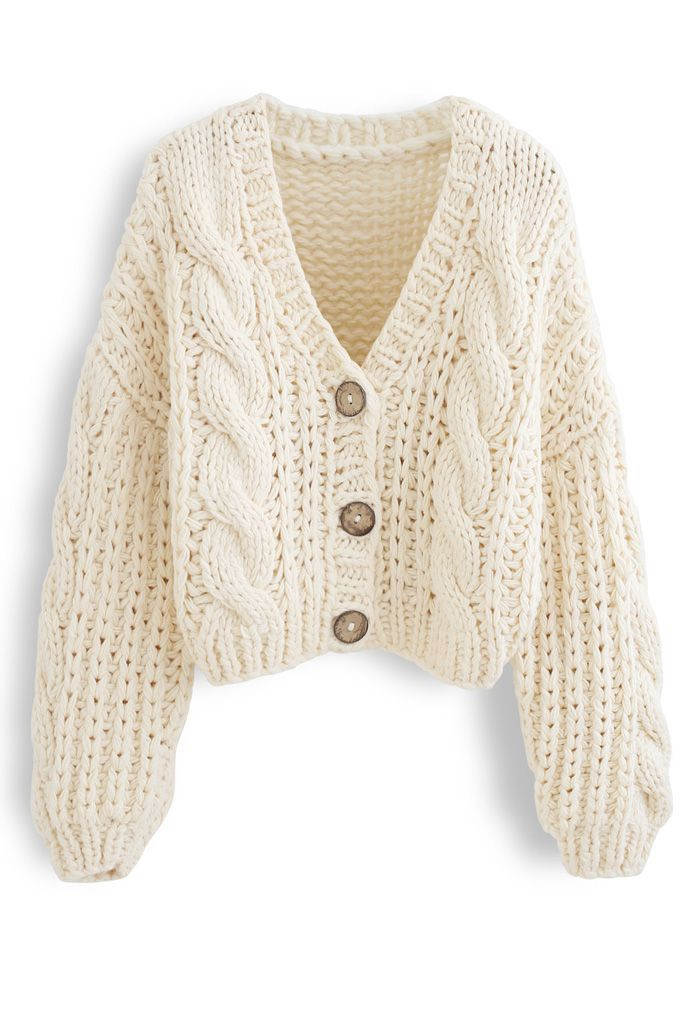 V-Neck Crop Hand-Knit Chunky Cardigan in Cream | Chicwish