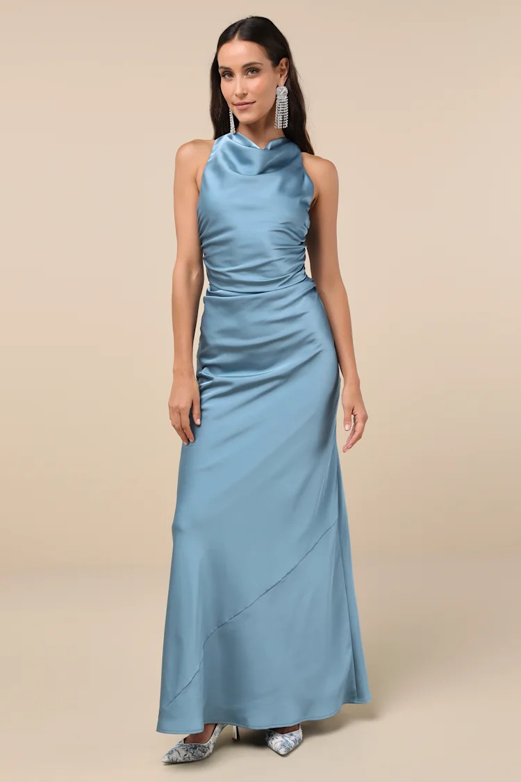 Effortlessly Sensational Slate Blue Satin Backless Maxi Dress | Lulus