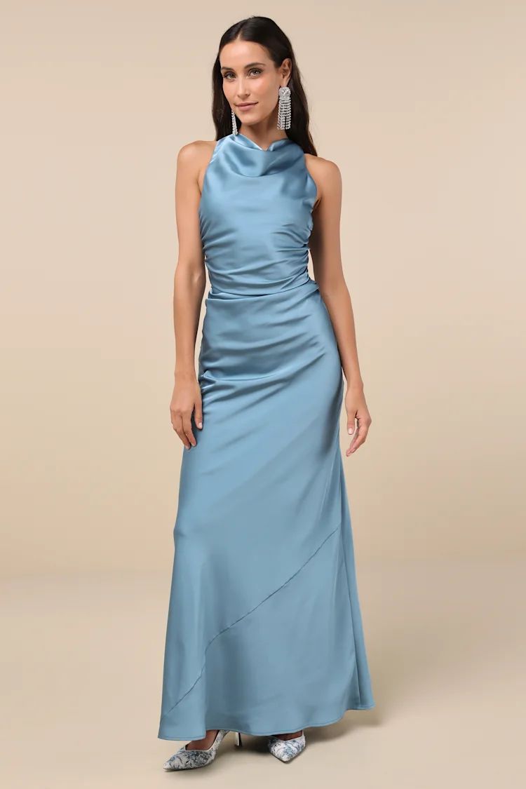 Effortlessly Sensational Slate Blue Satin Backless Maxi Dress | Lulus