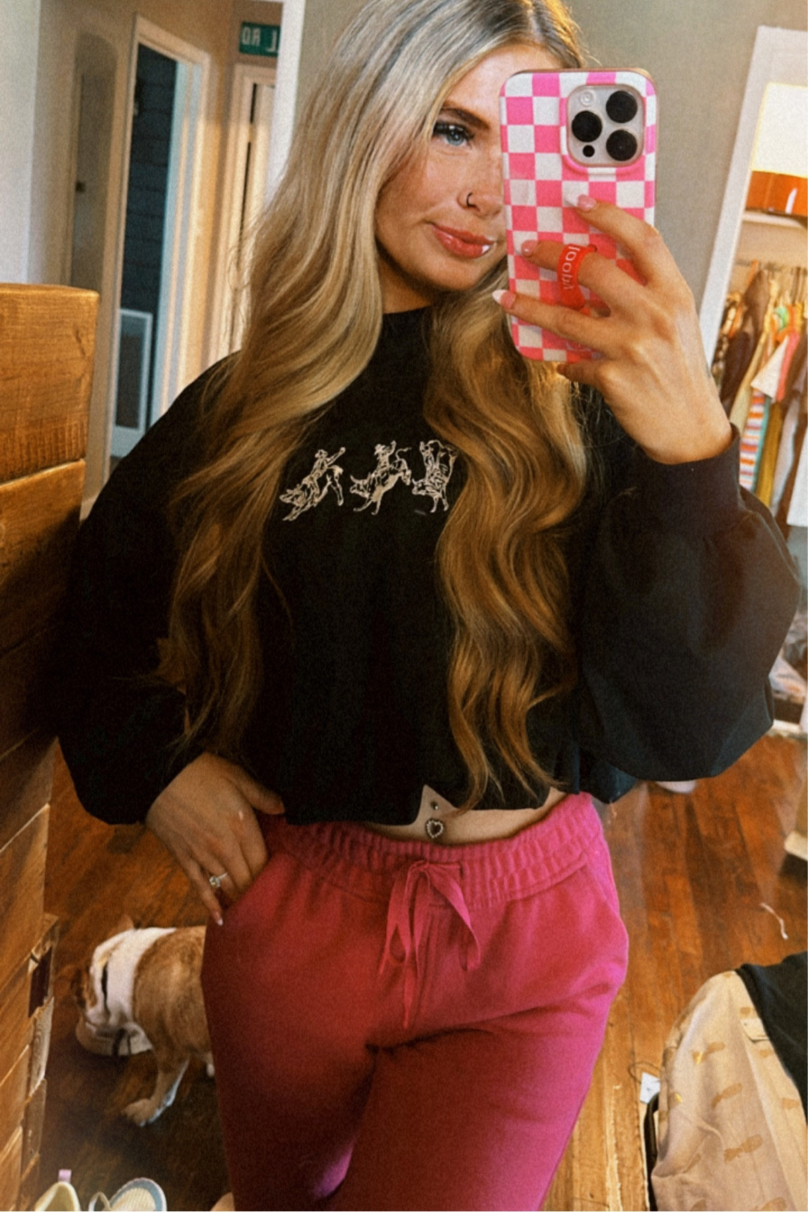 Pink joggers! Wearing size XXS
Top is from buckle bunnies btq in Ft Worth!