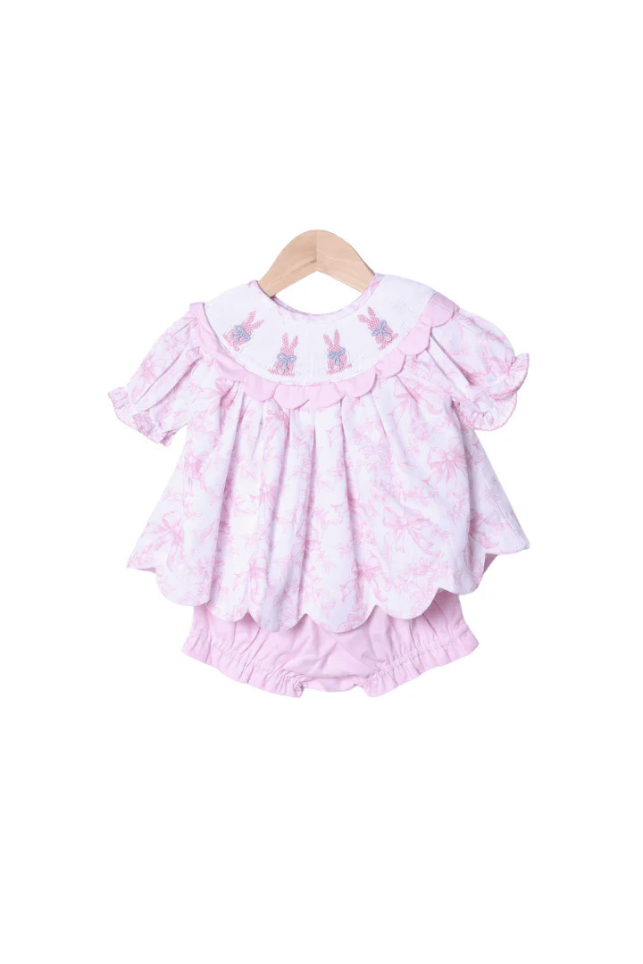Smocked Bunny Pink Toile Pearl Scalloped Bloomer Set | The Smocked Flamingo