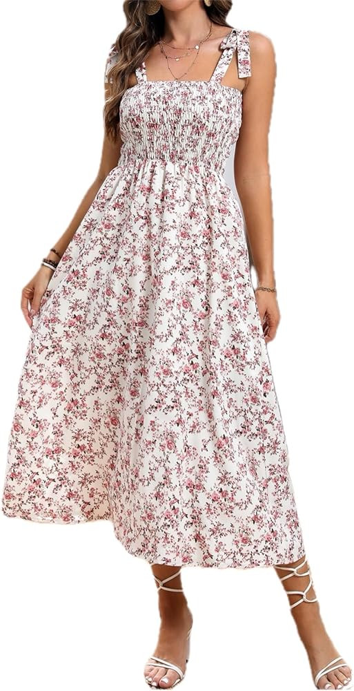MakeMeChic Women's Summer Boho Dress Casual Floral Print Spaghetti Strap Square Neck Long Maxi Dr... | Amazon (US)