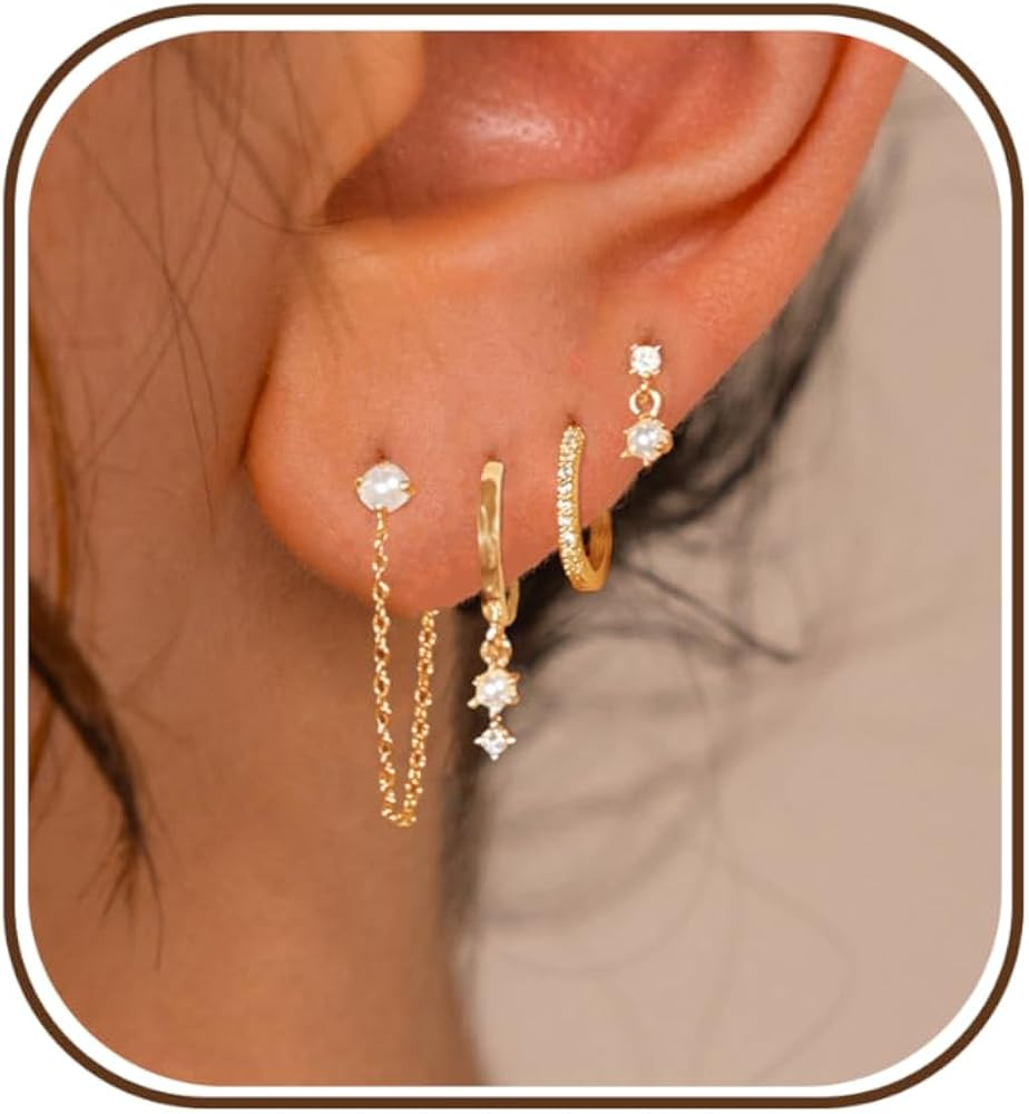 Gold Plated Earrings for Women, 14k Gold Plated Earring Stack Hypoallergenic Pearl Drop Earring D... | Amazon (US)