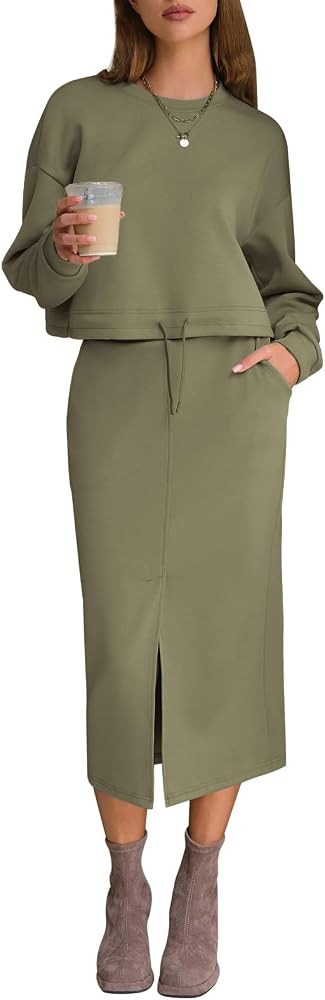 EXLURA Womens 2 Piece Skirts Set Long Sleeve Drawstring Top Midi Skirt Dress Lounge Sets Airport ... | Amazon (US)