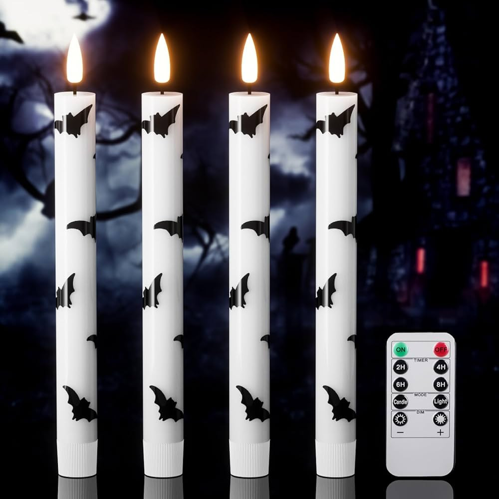 Halloween Flameless Taper Candles with Remote Timer, 4 Pack LED Flickering Candlestick, 9.65 Inch... | Amazon (US)