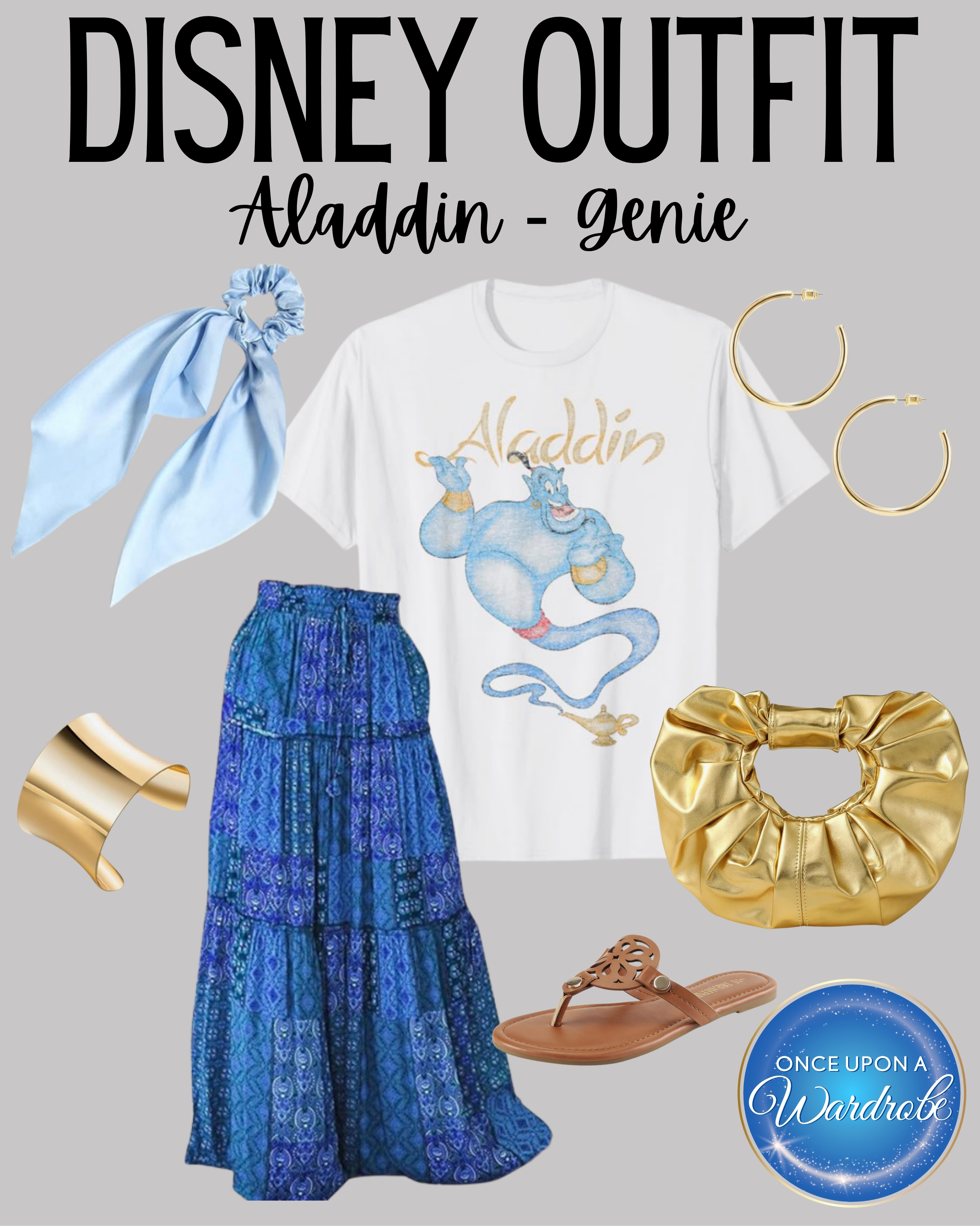 A comfortable Genie-inspired Disney outfit with a graphic tee, flowy blue maxi skirt, gold accessories and easy sandals. Perfect for Magic Kingdom, Disneyland or an Aladdin Disneybound! 

 #LTKootd #LTKmomlife #LTKTravel