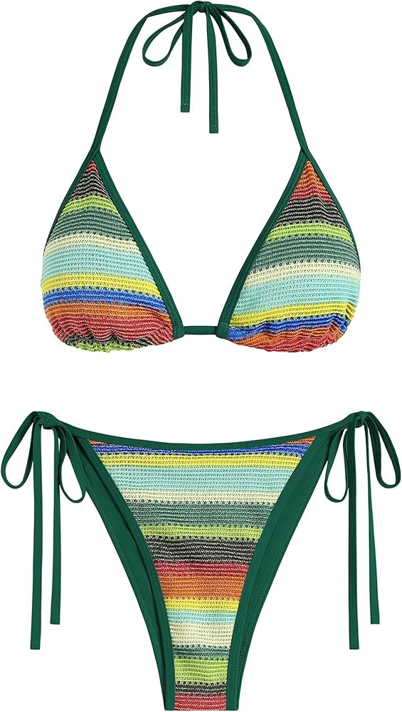 ZAFUL Women's Colorblock Stripes Triangle Halter Tied Cheeky Thong Bikini Set High Cut Two Piece ... | Amazon (US)