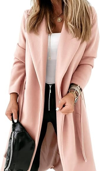 Womens Classic Coat Lapel Collar Open Front Belted Long Jacket | Amazon (US)