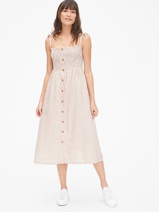Smocked Tie-Strap Midi Dress in Linen | Gap US