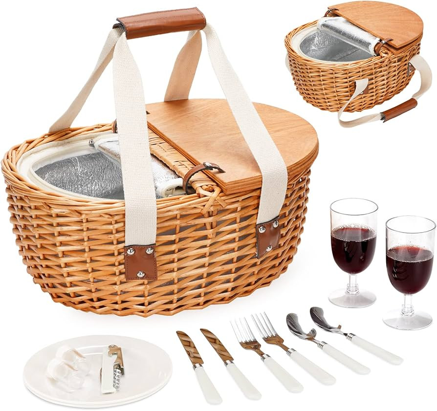 Picnic Basket Set for 2 with Insulated Cooler Bag and Cutlery Service Kits, Wooden Lids & Handles... | Amazon (US)
