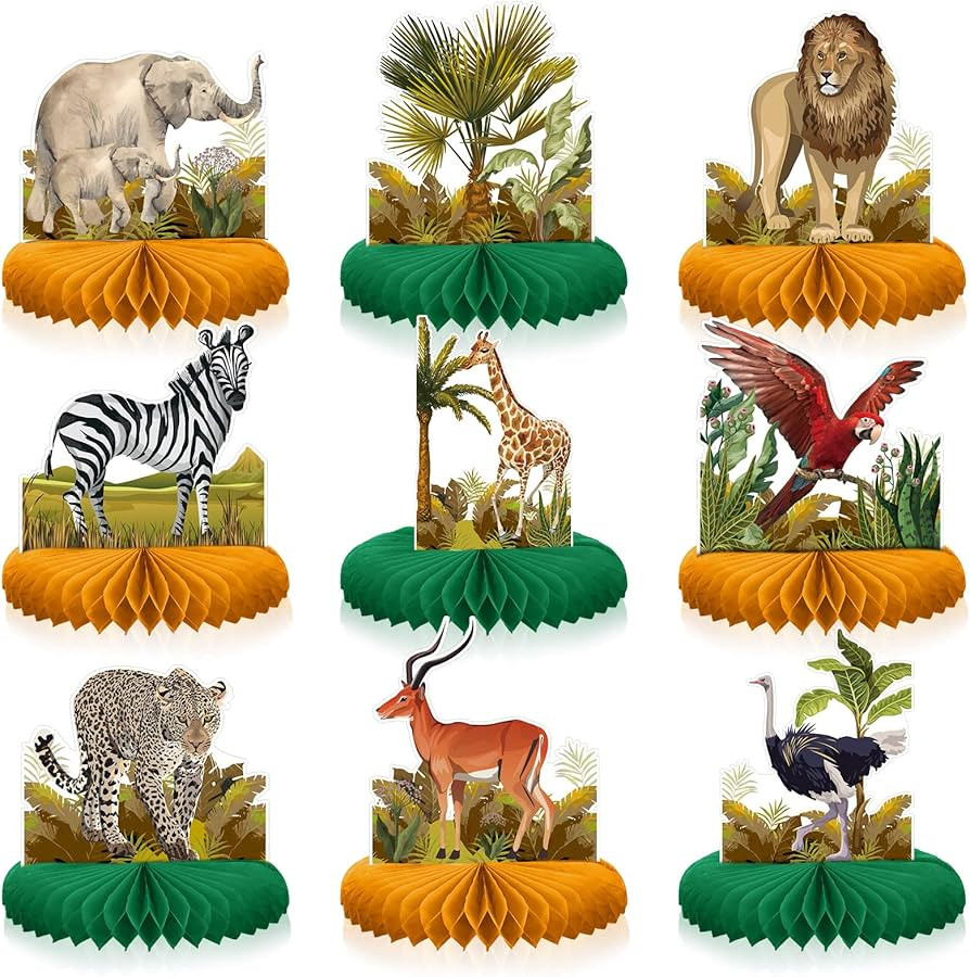 Shappy 9 Pcs African Safari Centerpieces for Tables Baby Shower Decorations Jungle Animals Honeyc... | Amazon (US)