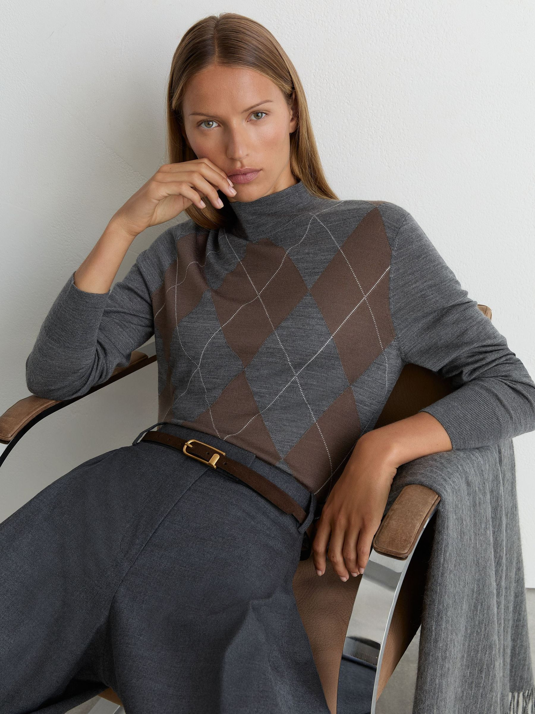 Reiss Wool Argyle Funnel-Neck Jumper in Grey - REISS | Reiss UK