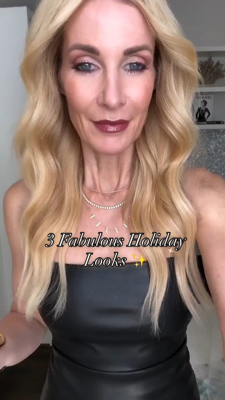 If you don’t love wearing red for the holidays… I’ve got three fabulous looks that are just as festive, chic, and insanely flattering. ✨ LOOK 1: An under-$100 strapless faux-leather black dress that is beyond flattering. I topped it with a camel faux-fur jacket that looks so luxe you’d never guess the price. Effortless glam at its best. LOOK 2: A sheer black long-sleeve top paired with burgundy wide-leg jeans — the perfect option if you want something a bit more casual but still elevated for the holidays. I finished it with a cropped black faux-fur jacket for that touch of winter glam. LOOK 3 (my personal fave): This stunning burgundy faux-leather dress fits like a glove and hugs in all the right places. I layered on the matching blazer for the most gorgeous monochromatic moment. Chic, classy, and so on-trend. Let me know which holiday look is your favorite! Everything runs true to size: XS in both dresses + the sheer top 24 in the jeans S in both jackets 

 

#LTKHoliday #LTKSaleAlert #LTKFindsUnder100