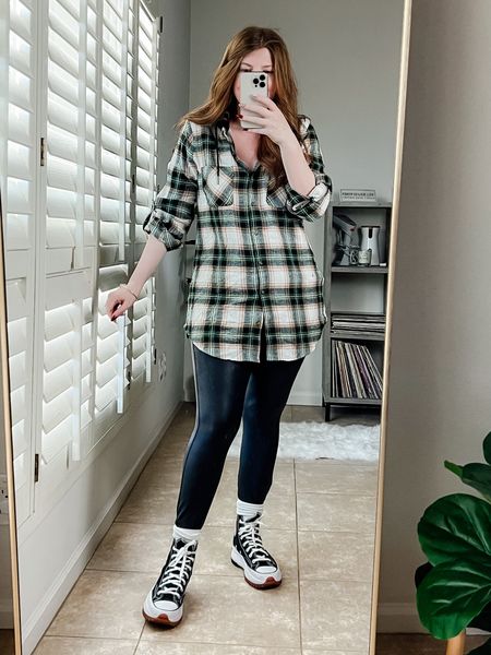 Plaid shirt size large from Walmart and faux leather leggings. Walmart outfit. Casual outfit. Leggings outfit. 

#LTKstyletip #LTKSeasonal #LTKunder50