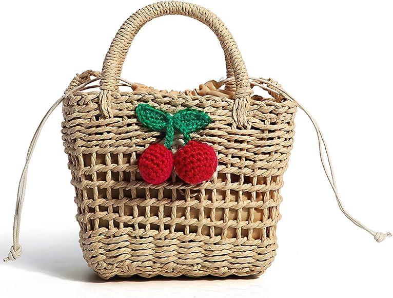 QTKJ Straw Bag, Beach Bag for Woman, Mini Hand-woven Handbags Cute Cherry, Hand-woven Women Summe... | Amazon (US)