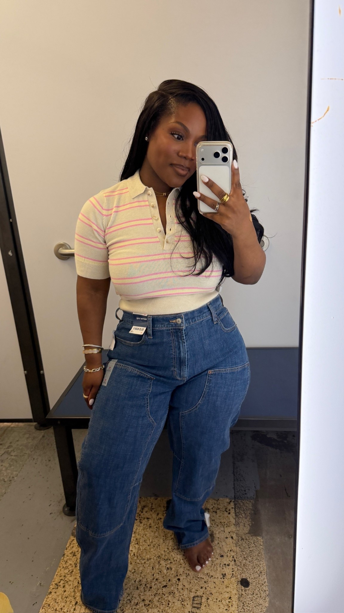 Spring outfit inspo 💐

Loveee the stitching on the jeans! 

Jeans are 40% off at Old Navy ✨

Polo: XS 
Pants: Size 16 

#LTKSaleAlert #LTKPetite #LTKMidsize