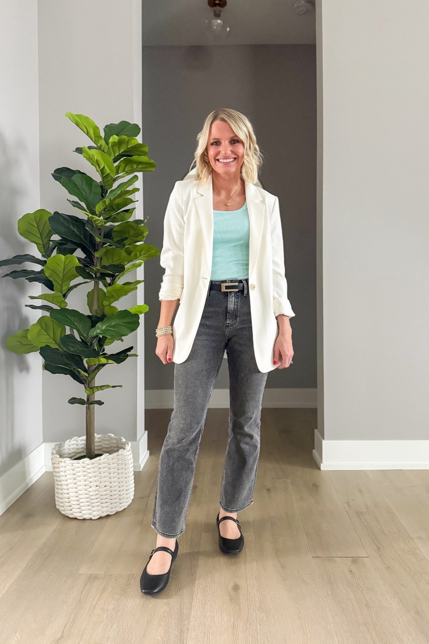 I love how this light blue top pairs with gray jeans! White blazers are perfect for spring! 
Blazer- linked similar 
Top- small
Jeans- 25/26"

#LTKSeasonal #LTKOver40 #LTKPetite