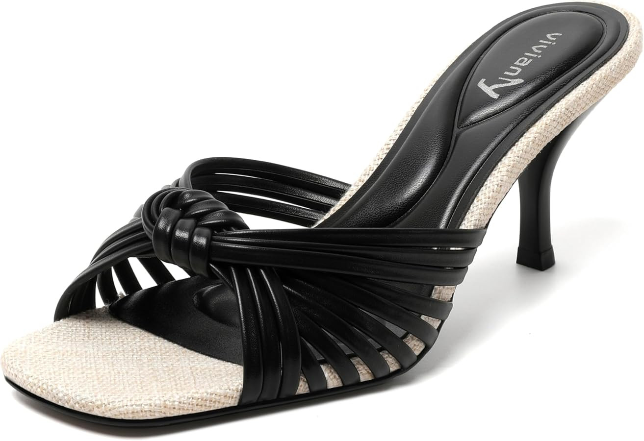 vivianly Heeled Sandals for Women Kitten Heel Square Open Toe Sandals Backless Slip-On Mule Shoes... | Amazon (US)